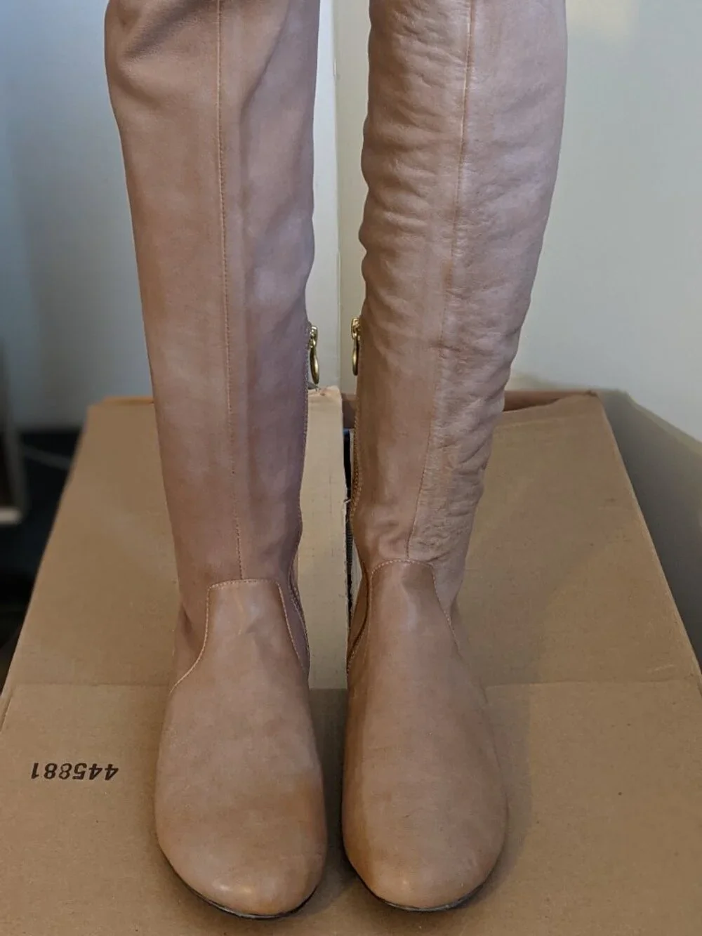 Max Studio Holden Taupe Tan Leather Over The Knee Slouch Boots NIB Size 37 US 7